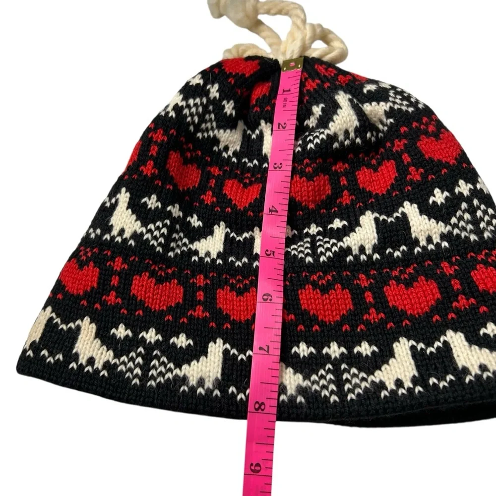 Vintage Fair Isle Wool Beanie Nordic Scandi Ski Hat Red Black Heart Pattern OS